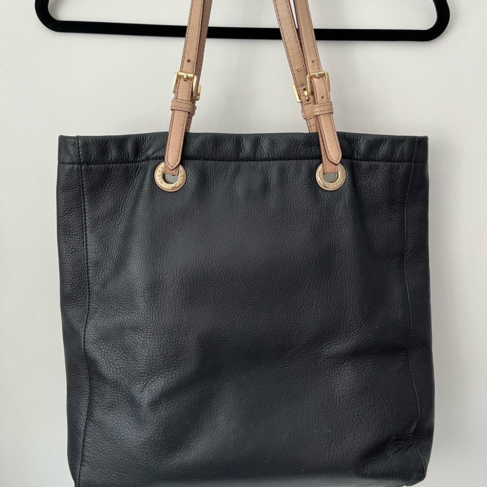 Michael Kors Black Leather Tote with Tan Shoulder Straps